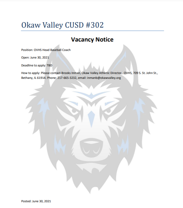 OVHS Baseball Coach Vacancy Notice